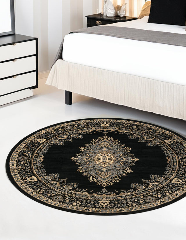 Black 6' 1 x 6' 1 Reza Round Area Rug 100% Polypropylene Easy Clean Traditional Motif Classic Carpet for Home Interiors for Sale at Rug Engine