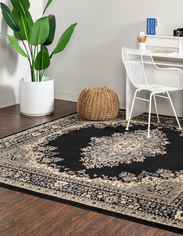 Black 7' 10 x 7' 10 Reza Square Area Rug 100% Polypropylene Easy Clean Traditional Motif Classic Carpet for Home Interiors for Sale at Rug Engine
