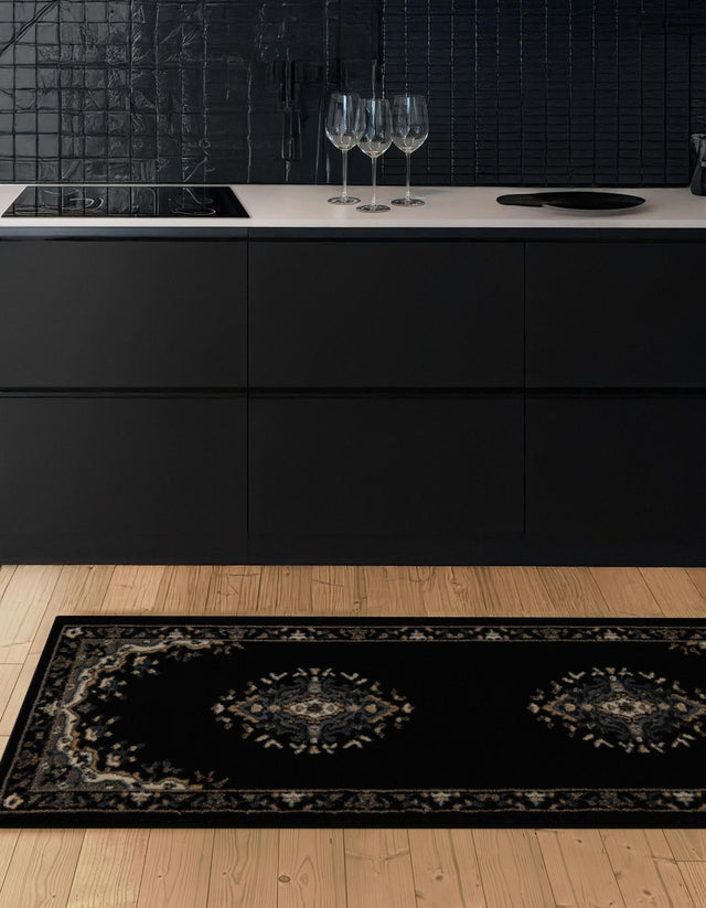 Black 3' 1 x 16' 5 Reza Runner Area Rug 100% Polypropylene Easy Clean Traditional Motif Classic Carpet for Home Interiors for Sale at Rug Engine
