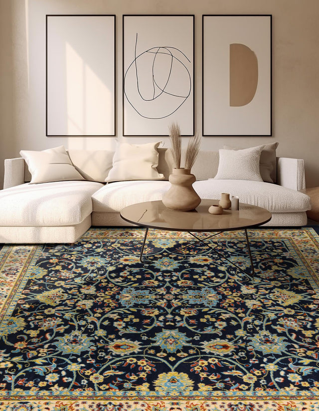 Navy Blue 7' 10 x 7' 10 Sialk Hill Square Area Rug 100% Polypropylene Durable Easy Clean Classic Traditional Design Carpet for Interior Design for Sale at Rug Engine