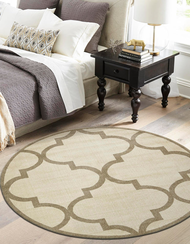 Beige and Light Brown 8' x 8' Trellis Round Area Rug