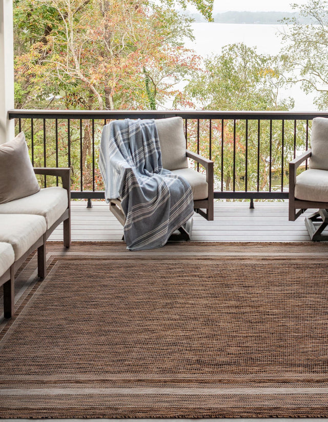 Brown 5' 3 x 7' 1 Outdoor Border Rectangle Area Rug Weather Resistant for Patio, Deck, Terrace, Balcony, Porch 100% Polypropylene Classic Bordered Carpet for Sale at Rug Engine