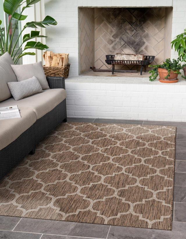 Brown 7' 1 x 10' Outdoor Trellis Rectangle Area Rug Weather Resistant for Patio, Deck, Terrace, Balcony, Porch Geometric Design Water Safe Outside Carpet for Sale at Rug Engine