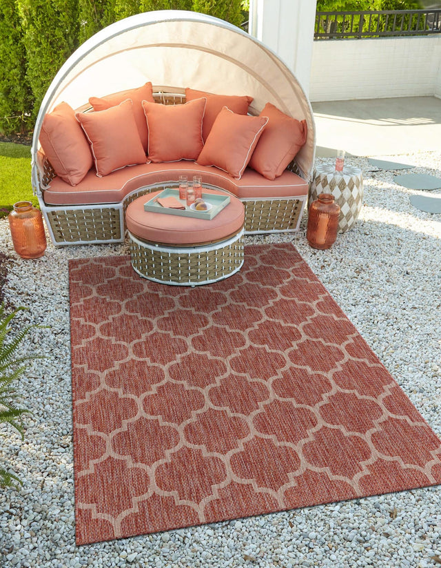 Rust Red 9' x 12' Outdoor Trellis Rectangle Area Rug Weather Resistant for Patio, Deck, Terrace, Balcony, Porch Geometric Design Water Safe Outside Carpet for Sale at Rug Engine