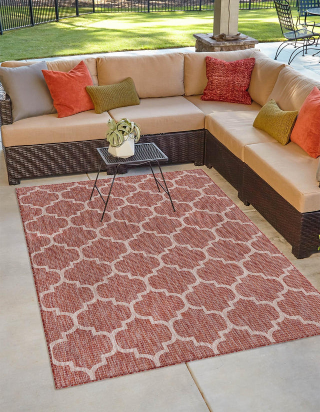 Rust Red 9' x 12' Outdoor Trellis Rectangle Area Rug Weather Resistant for Patio, Deck, Terrace, Balcony, Porch Geometric Design Water Safe Outside Carpet for Sale at Rug Engine