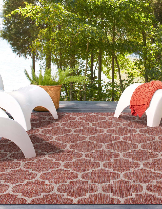 Rust Red 9' x 12' Outdoor Trellis Rectangle Area Rug Weather Resistant for Patio, Deck, Terrace, Balcony, Porch Geometric Design Water Safe Outside Carpet for Sale at Rug Engine