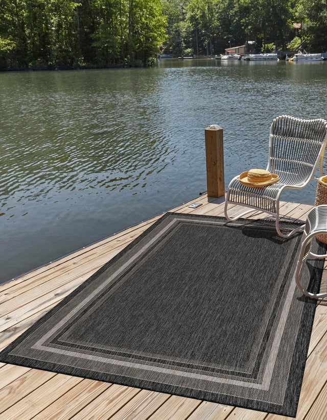 Black 4' 1 x 6' 1 Outdoor Border Rectangle Area Rug Weather Resistant for Patio, Deck, Terrace, Balcony, Porch Discounted Clearance Final Sale