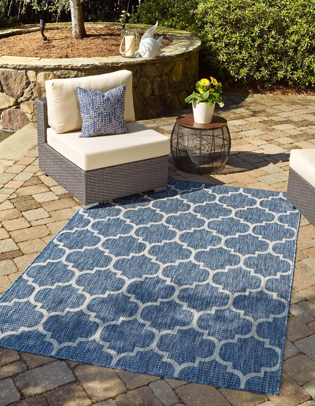 Navy Blue 10' x 13' 1 Outdoor Trellis Rectangle Area Rug Weather Resistant for Patio, Deck, Terrace, Balcony, Porch Geometric Design Water Safe Outside Carpet for Sale at Rug Engine