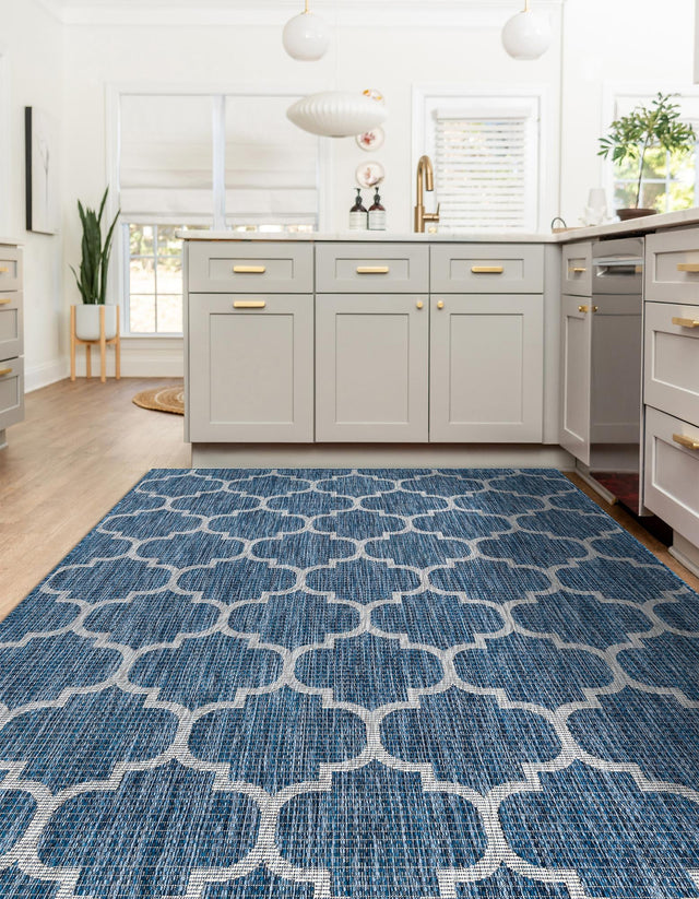 Navy Blue 5' 3 x 8' Outdoor Trellis Rectangle Area Rug Weather Resistant for Patio, Deck, Terrace, Balcony, Porch Geometric Design Water Safe Outside Carpet for Sale at Rug Engine
