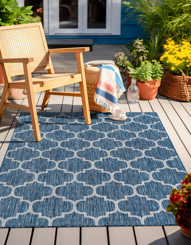 Navy Blue 7' 10 x 11' Outdoor Trellis Rectangle Area Rug Weather Resistant for Patio, Deck, Terrace, Balcony, Porch Geometric Design Water Safe Outside Carpet for Sale at Rug Engine