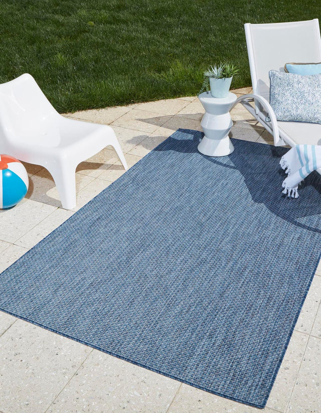 Blue 5' 3 x 7' 1 Outdoor Solid Rectangle Area Rug Weather Resistant for Patio, Deck, Terrace, Balcony, Porch 100% Polypropylene Minimalist Waterproof Carpet for Sale at Rug Engine