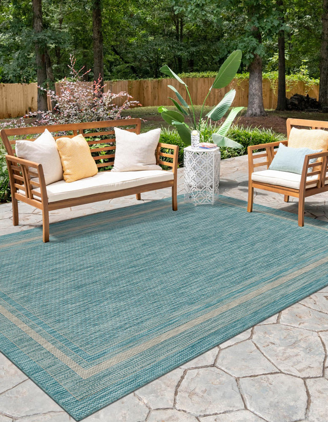Aquamarine 6' 1 x 9' Outdoor Border Rectangle Area Rug Weather Resistant for Patio, Deck, Terrace, Balcony, Porch 100% Polypropylene Classic Bordered Carpet for Sale at Rug Engine