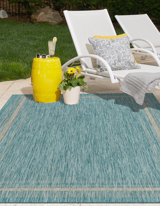 Aquamarine 7' 1 x 10' Outdoor Border Rectangle Area Rug Weather Resistant for Patio, Deck, Terrace, Balcony, Porch 100% Polypropylene Classic Bordered Carpet for Sale at Rug Engine
