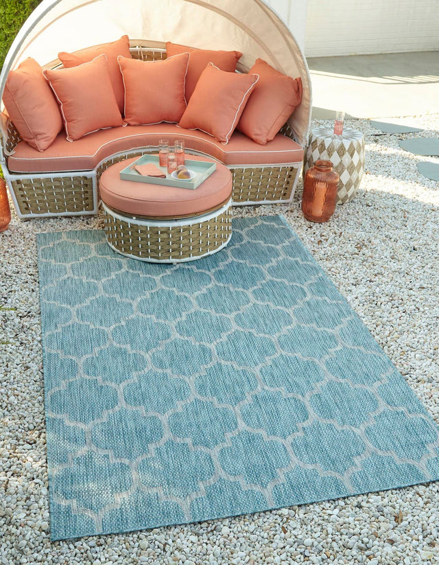 Aquamarine 7' 10 x 11' Outdoor Trellis Rectangle Area Rug Weather Resistant for Patio, Deck, Terrace, Balcony, Porch Geometric Design Water Safe Outside Carpet for Sale at Rug Engine