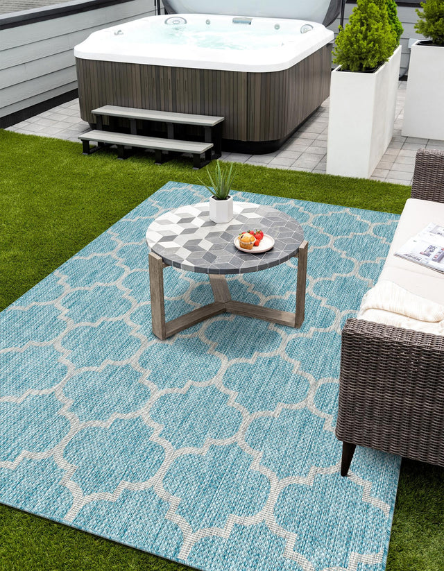 Aquamarine 7' 10 x 11' Outdoor Trellis Rectangle Area Rug Weather Resistant for Patio, Deck, Terrace, Balcony, Porch Geometric Design Water Safe Outside Carpet for Sale at Rug Engine