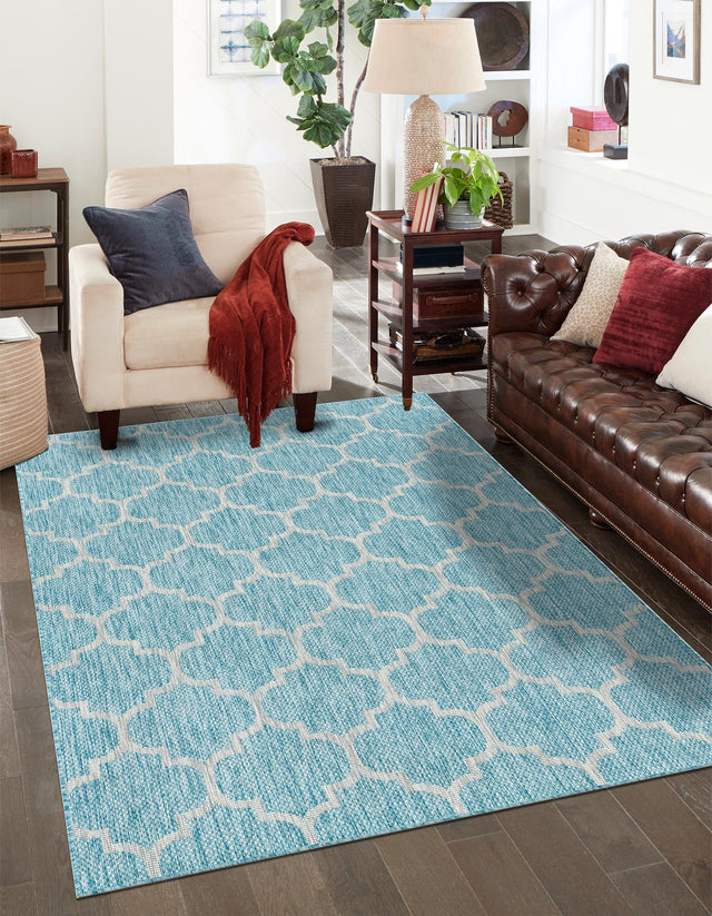 Aquamarine 6' 1 x 9' Outdoor Trellis Rectangle Area Rug Weather Resistant for Patio, Deck, Terrace, Balcony, Porch Geometric Design Water Safe Outside Carpet for Sale at Rug Engine