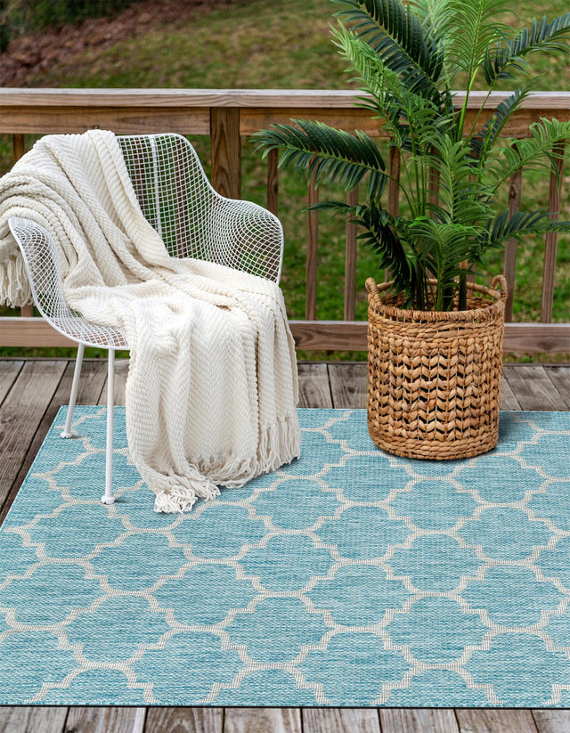 Aquamarine 7' 10 x 11' Outdoor Trellis Rectangle Area Rug Weather Resistant for Patio, Deck, Terrace, Balcony, Porch Geometric Design Water Safe Outside Carpet for Sale at Rug Engine
