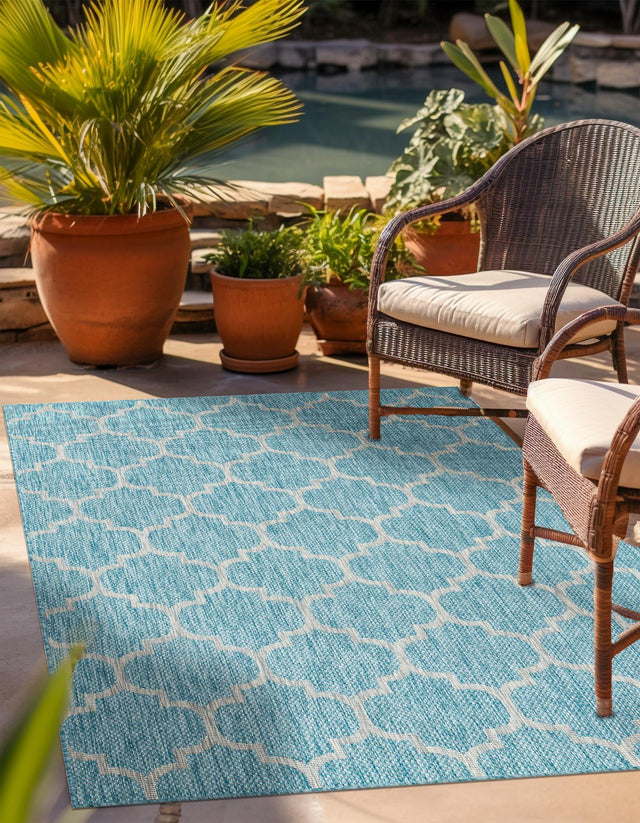 Aquamarine 7' 10 x 11' Outdoor Trellis Rectangle Area Rug Weather Resistant for Patio, Deck, Terrace, Balcony, Porch Geometric Design Water Safe Outside Carpet for Sale at Rug Engine