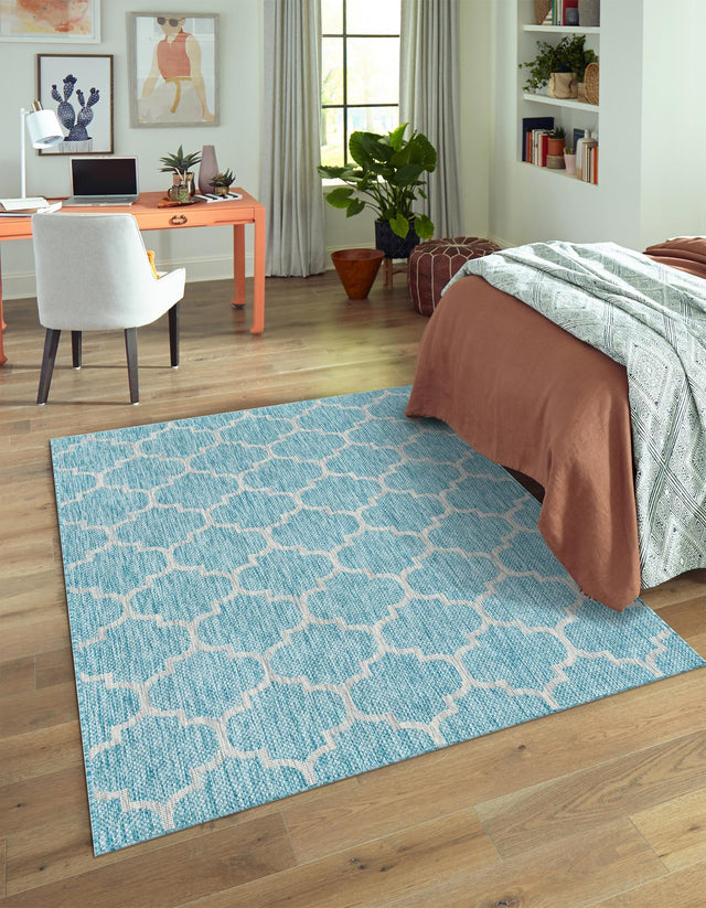 Aquamarine 7' 1 x 10' Outdoor Trellis Rectangle Area Rug Weather Resistant for Patio, Deck, Terrace, Balcony, Porch Geometric Design Water Safe Outside Carpet for Sale at Rug Engine