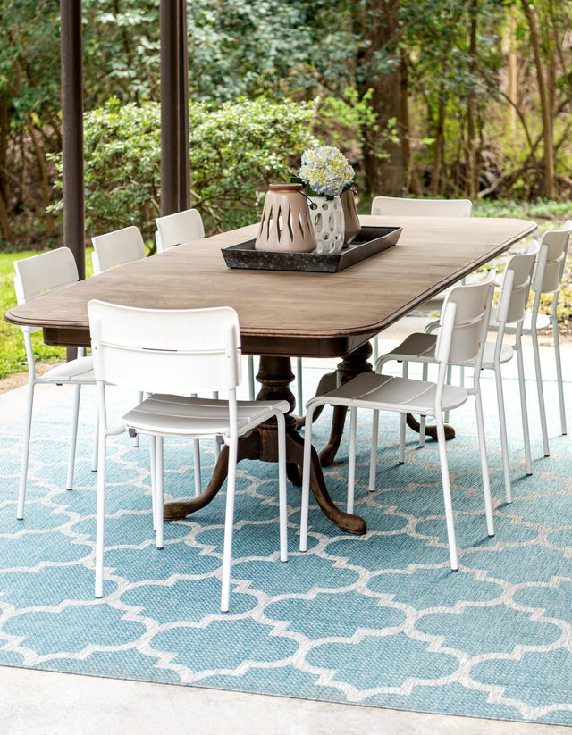 Aquamarine 7' 1 x 10' Outdoor Trellis Rectangle Area Rug Weather Resistant for Patio, Deck, Terrace, Balcony, Porch Geometric Design Water Safe Outside Carpet for Sale at Rug Engine