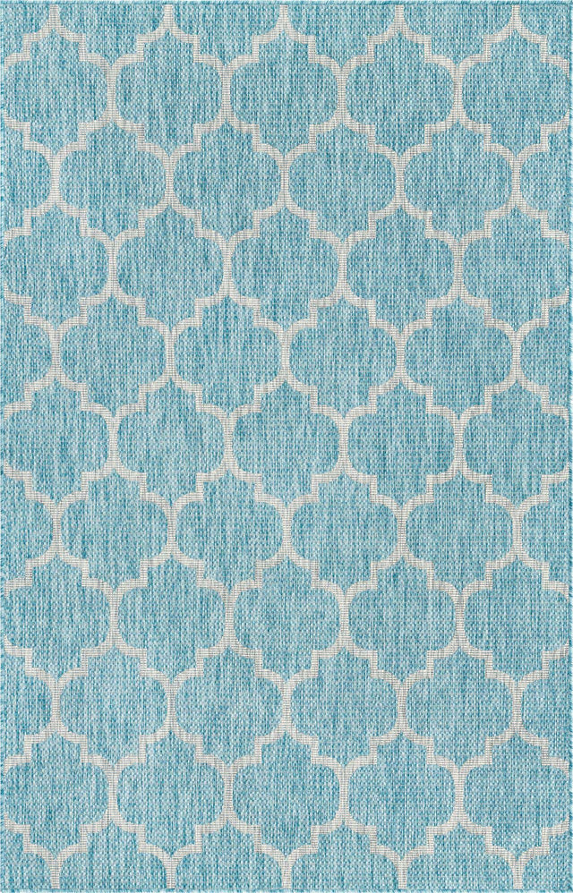 Aquamarine 5' 3 x 8' Outdoor Trellis Rectangle Area Rug Weather Resistant for Patio, Deck, Terrace, Balcony, Porch Geometric Design Water Safe Outside Carpet for Sale at Rug Engine