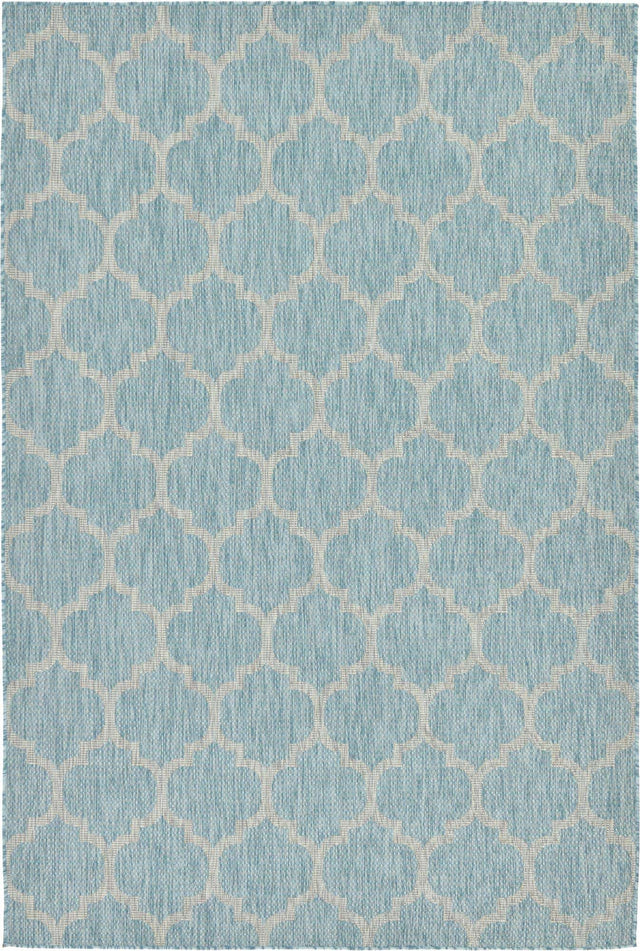 Aquamarine 6' 1 x 9' Outdoor Trellis Rectangle Area Rug Weather Resistant for Patio, Deck, Terrace, Balcony, Porch Geometric Design Water Safe Outside Carpet for Sale at Rug Engine