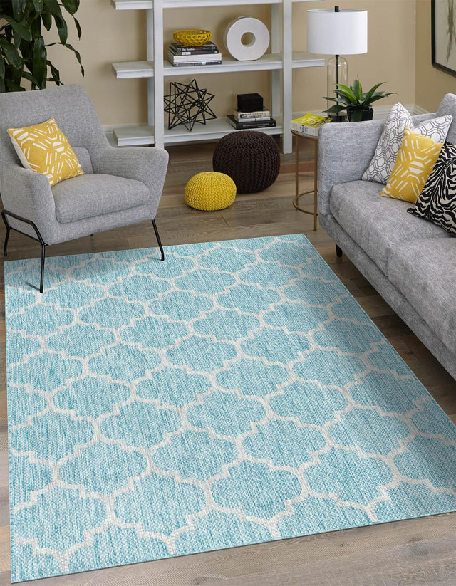 Aquamarine 7' 1 x 10' Outdoor Trellis Rectangle Area Rug Weather Resistant for Patio, Deck, Terrace, Balcony, Porch Geometric Design Water Safe Outside Carpet for Sale at Rug Engine