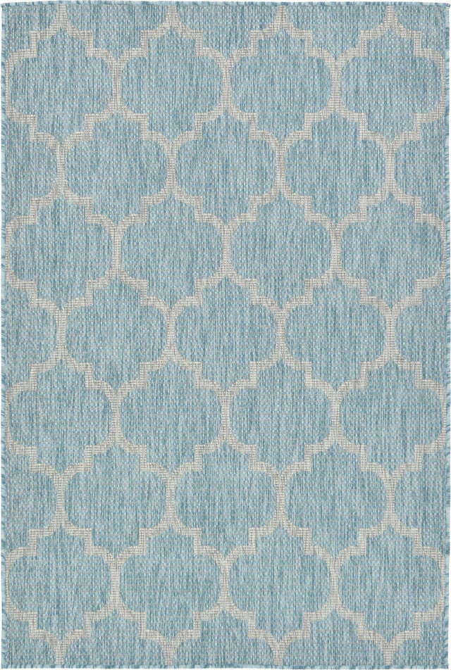 Aquamarine 4' 1 x 6' 1 Outdoor Trellis Rectangle Area Rug Weather Resistant for Patio, Deck, Terrace, Balcony, Porch Geometric Design Water Safe Outside Carpet for Sale at Rug Engine