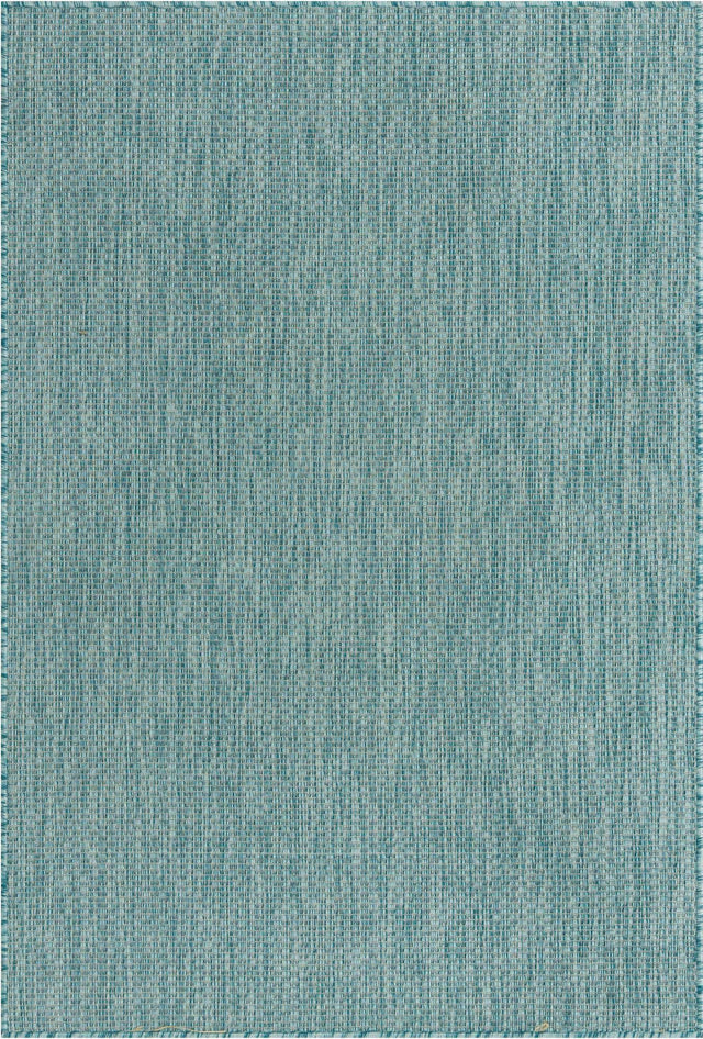 Aquamarine 4' 1 x 6' 1 Outdoor Solid Rectangle Area Rug Weather Resistant for Patio, Deck, Terrace, Balcony, Porch 100% Polypropylene Minimalist Waterproof Carpet for Sale at Rug Engine