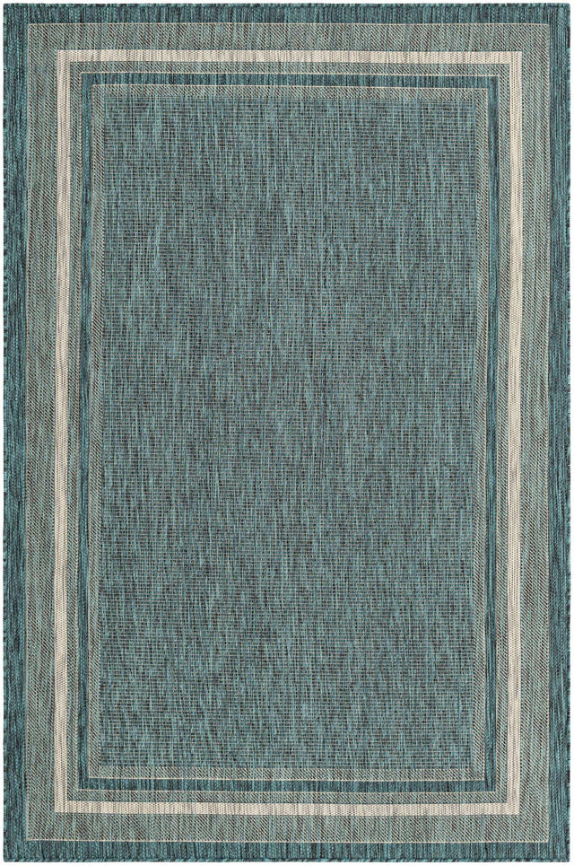Teal 5' 3 x 8' Outdoor Border Rectangle Area Rug Weather Resistant for Patio, Deck, Terrace, Balcony, Porch 100% Polypropylene Classic Bordered Carpet for Sale at Rug Engine