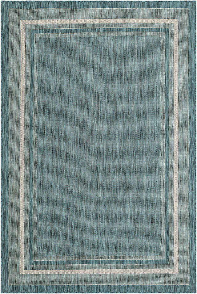Teal 6' 1 x 9' Outdoor Border Rectangle Area Rug Weather Resistant for Patio, Deck, Terrace, Balcony, Porch 100% Polypropylene Classic Bordered Carpet for Sale at Rug Engine