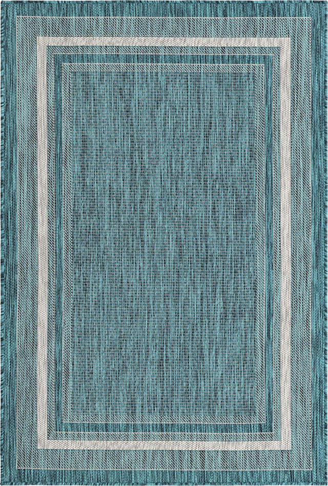 Teal 4' 1 x 6' 1 Outdoor Border Rectangle Area Rug Weather Resistant for Patio, Deck, Terrace, Balcony, Porch 100% Polypropylene Classic Bordered Carpet for Sale at Rug Engine
