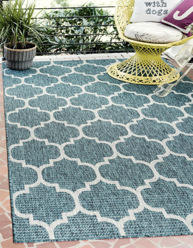 Teal 6' 1 x 9' Outdoor Trellis Rectangle Area Rug Weather Resistant for Patio, Deck, Terrace, Balcony, Porch Geometric Design Water Safe Outside Carpet for Sale at Rug Engine