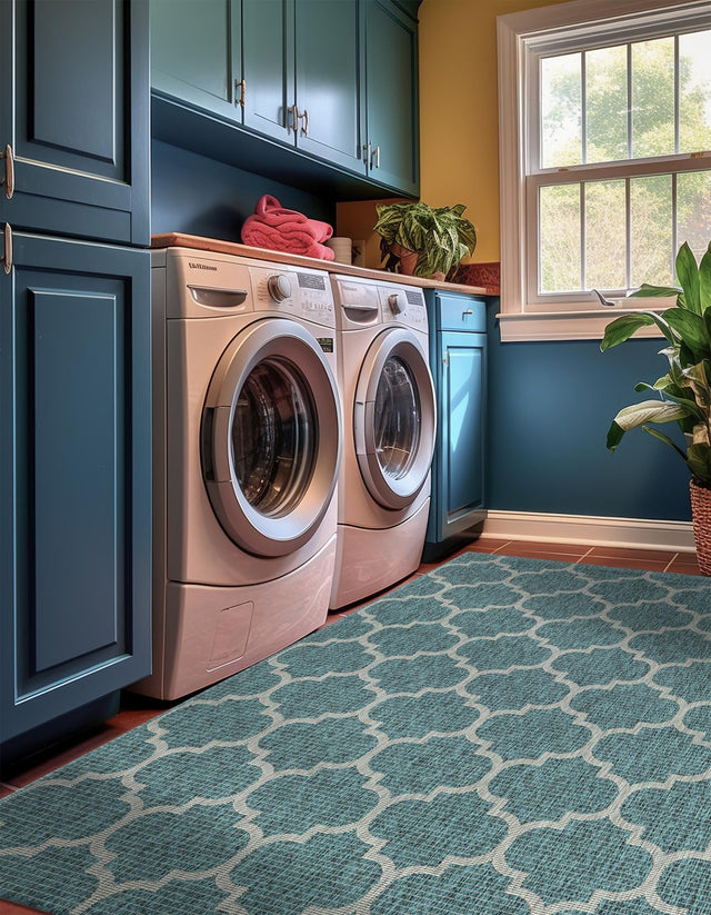 Teal 6' 1 x 9' Outdoor Trellis Rectangle Area Rug Weather Resistant for Patio, Deck, Terrace, Balcony, Porch Geometric Design Water Safe Outside Carpet for Sale at Rug Engine