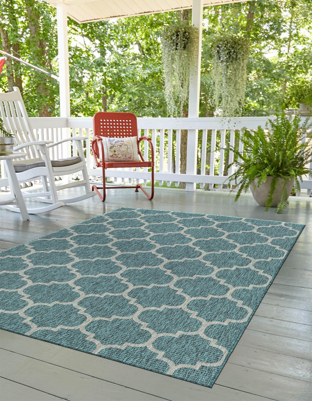 Teal 6' 1 x 9' Outdoor Trellis Rectangle Area Rug Weather Resistant for Patio, Deck, Terrace, Balcony, Porch Geometric Design Water Safe Outside Carpet for Sale at Rug Engine