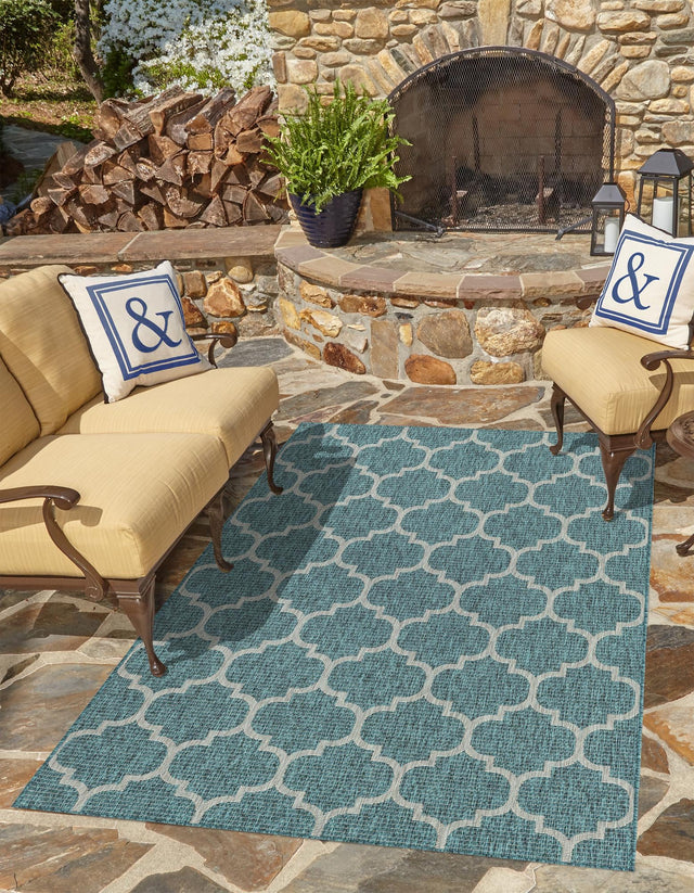 Teal 6' 1 x 9' Outdoor Trellis Rectangle Area Rug Weather Resistant for Patio, Deck, Terrace, Balcony, Porch Geometric Design Water Safe Outside Carpet for Sale at Rug Engine