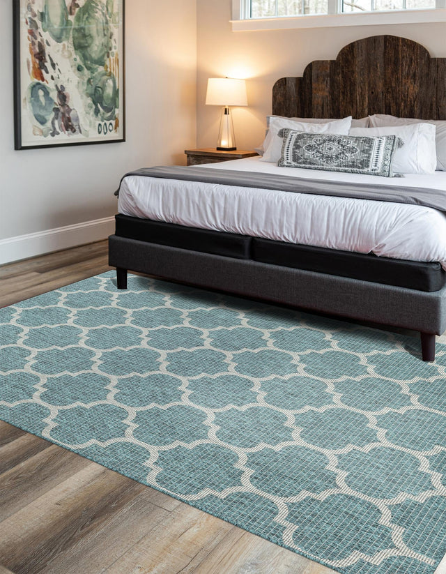 Teal 6' 1 x 9' Outdoor Trellis Rectangle Area Rug Weather Resistant for Patio, Deck, Terrace, Balcony, Porch Geometric Design Water Safe Outside Carpet for Sale at Rug Engine