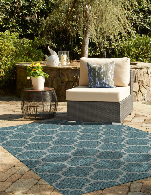 Teal 6' 1 x 9' Outdoor Trellis Rectangle Area Rug Weather Resistant for Patio, Deck, Terrace, Balcony, Porch Geometric Design Water Safe Outside Carpet for Sale at Rug Engine