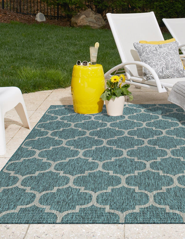 Teal 5' 3 x 7' 1 Outdoor Trellis Rectangle Area Rug Weather Resistant for Patio, Deck, Terrace, Balcony, Porch Geometric Design Water Safe Outside Carpet for Sale at Rug Engine