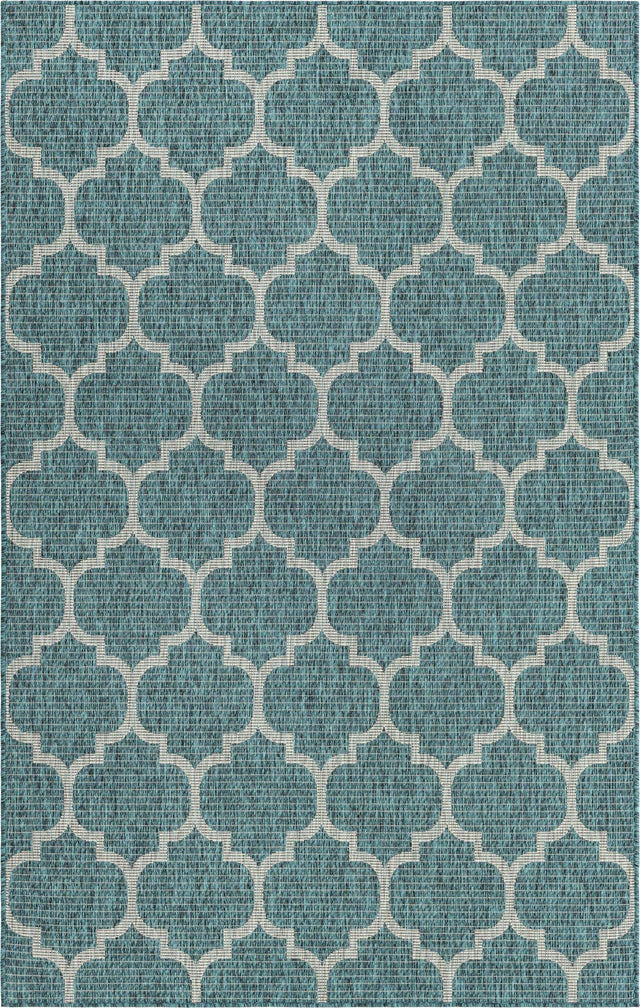Teal 5' 3 x 8' Outdoor Trellis Rectangle Area Rug Weather Resistant for Patio, Deck, Terrace, Balcony, Porch Geometric Design Water Safe Outside Carpet for Sale at Rug Engine