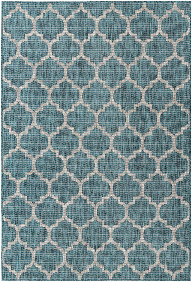 Teal 6' 1 x 9' Outdoor Trellis Rectangle Area Rug Weather Resistant for Patio, Deck, Terrace, Balcony, Porch Geometric Design Water Safe Outside Carpet for Sale at Rug Engine