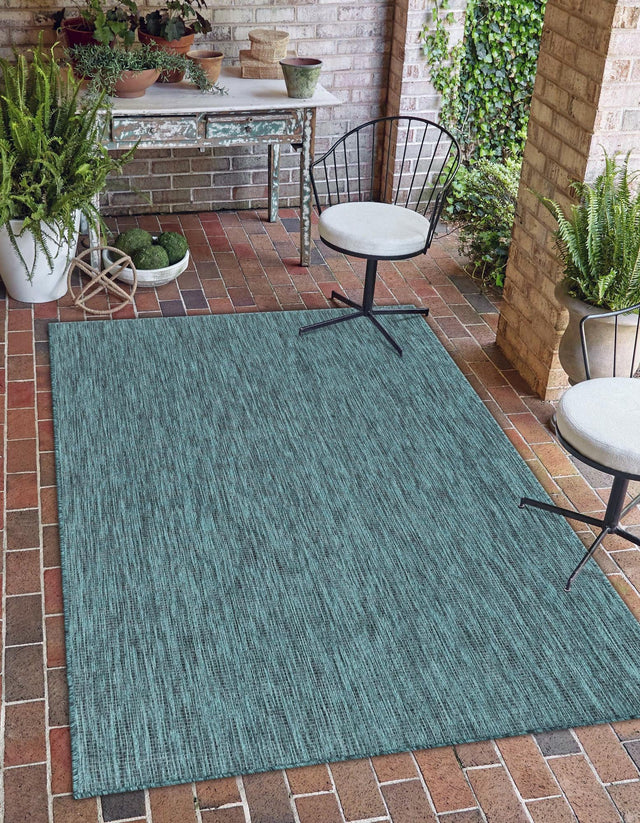Teal 4' 1 x 6' 1 Outdoor Solid Rectangle Area Rug Weather Resistant for Patio, Deck, Terrace, Balcony, Porch 100% Polypropylene Minimalist Waterproof Carpet for Sale at Rug Engine