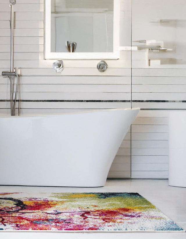 Ivory 2' x 6' 1 Lyon Runner Area Rug Vivid Colorful Abstract Modern 100% Polypropylene Carpet for Living Room, Dining, Office for Sale at Rug Engine