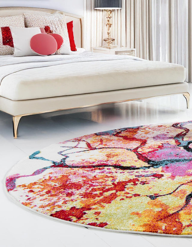 Ivory 8' x 8' Lyon Round Area Rug Vivid Colorful Abstract Modern 100% Polypropylene Carpet for Living Room, Dining, Office for Sale at Rug Engine