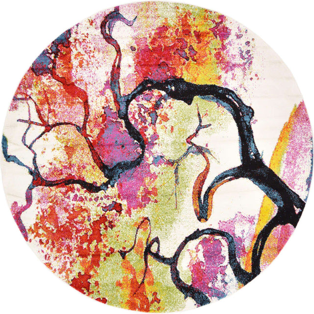 Ivory 8' x 8' Lyon Round Area Rug Vivid Colorful Abstract Modern 100% Polypropylene Carpet for Living Room, Dining, Office for Sale at Rug Engine