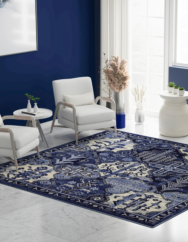 Blue 7' 10 x 7' 10 La Jolla Square Area Rug 100% Polypropylene Traditional Pattern Easy Clean Carpet for Living, Dining, Bedroom, Office for Sale at Rug Engine