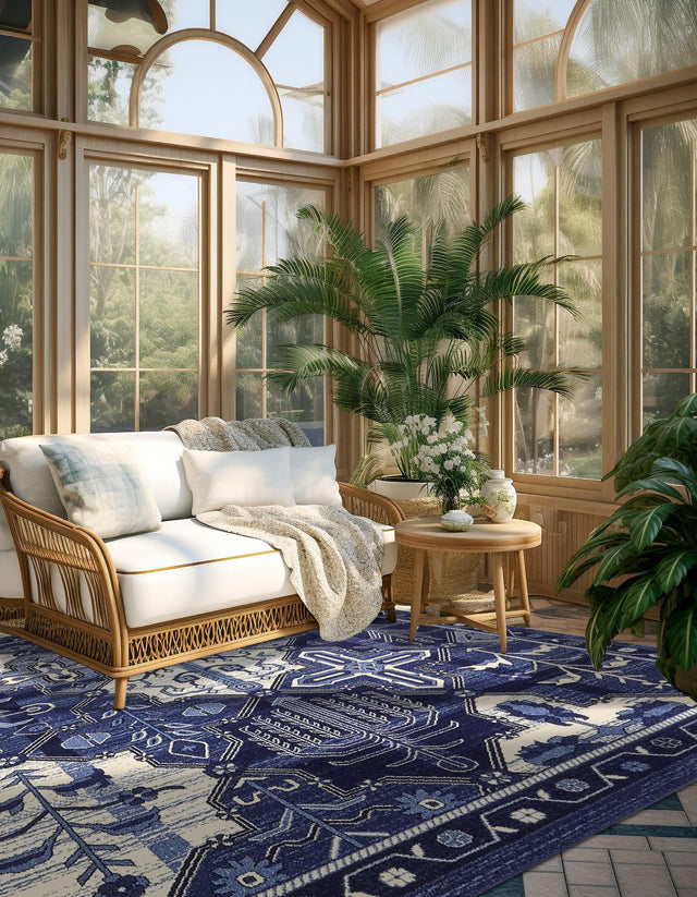 Blue 7' 10 x 7' 10 La Jolla Square Area Rug 100% Polypropylene Traditional Pattern Easy Clean Carpet for Living, Dining, Bedroom, Office for Sale at Rug Engine