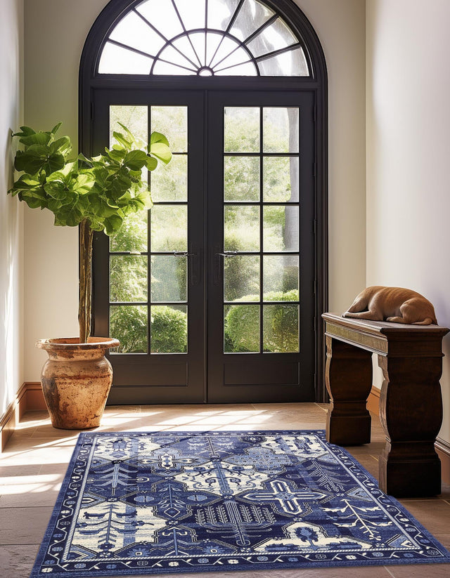 Blue 7' 10 x 7' 10 La Jolla Square Area Rug 100% Polypropylene Traditional Pattern Easy Clean Carpet for Living, Dining, Bedroom, Office for Sale at Rug Engine