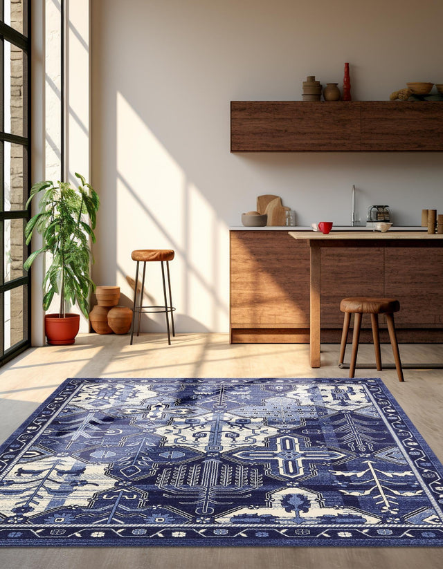 Blue 7' 10 x 7' 10 La Jolla Square Area Rug 100% Polypropylene Traditional Pattern Easy Clean Carpet for Living, Dining, Bedroom, Office for Sale at Rug Engine