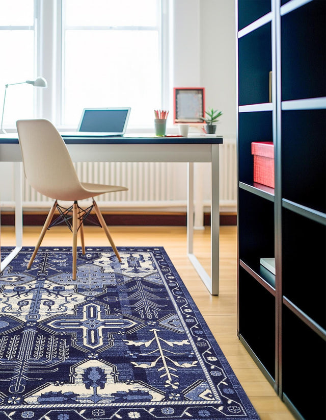 Blue 7' 10 x 7' 10 La Jolla Square Area Rug 100% Polypropylene Traditional Pattern Easy Clean Carpet for Living, Dining, Bedroom, Office for Sale at Rug Engine